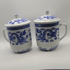 Set of Vintage Jingdezhen Blue & White Dragon Porcelain Mug with Lid